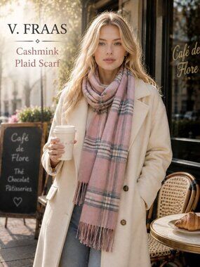 V Fraas Cashmink Scarf Pink Plaid Fringe Made in Germany Soft Preppy